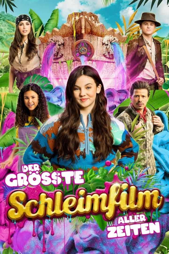 Das Filmplakat für „Der Grösste Schleimfilm Aller Zeiten“ zeigt eine Gruppe von Abenteurern vor einem Dschungel-Tempel.