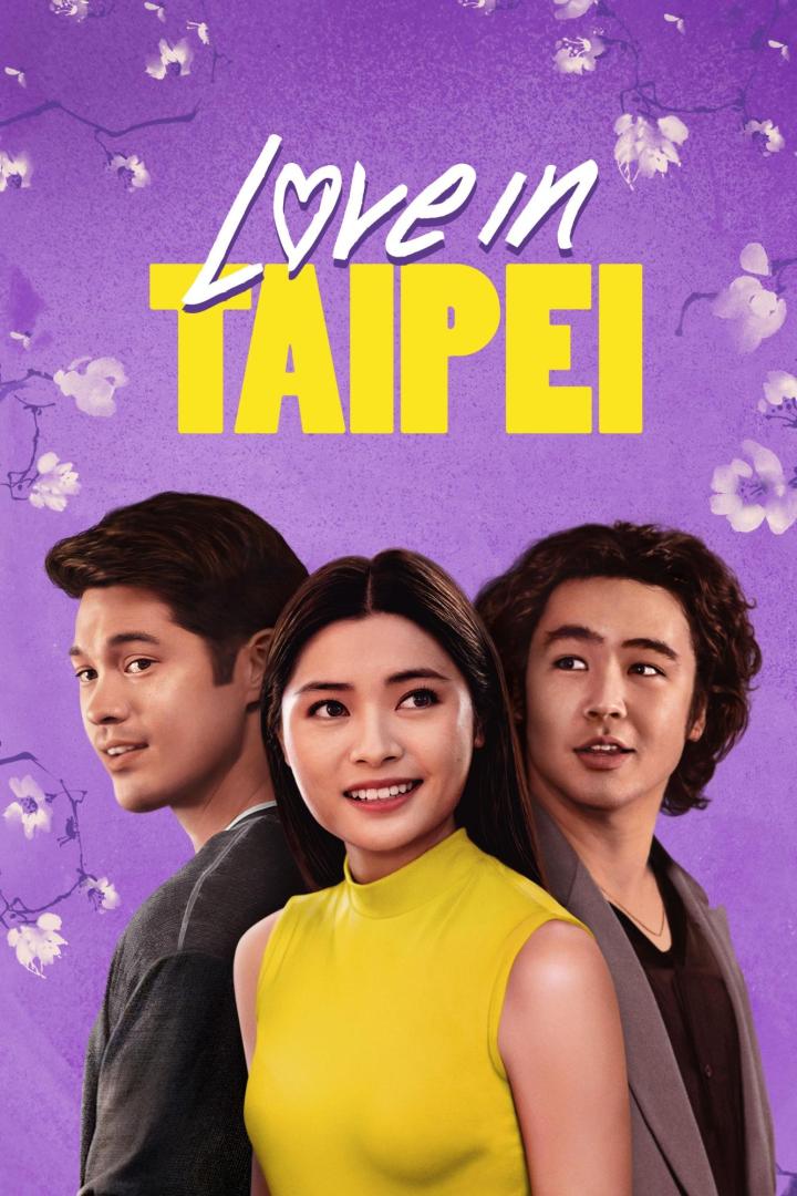 Das Filmplakat für „Love in Taipei“ zeigt drei junge Darsteller vor einem lila Hintergrund mit Blüten.