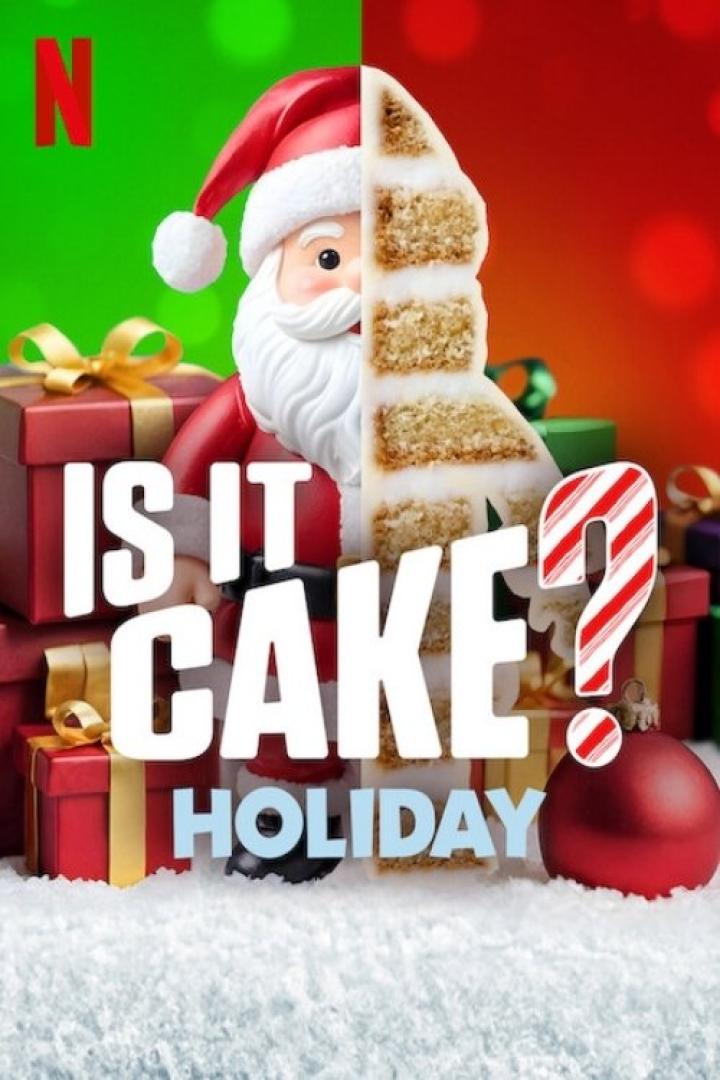 Das Poster für „Is It Cake? Holiday“ auf Netflix zeigt einen Weihnachtsmann und einen Kuchen vor Geschenken.