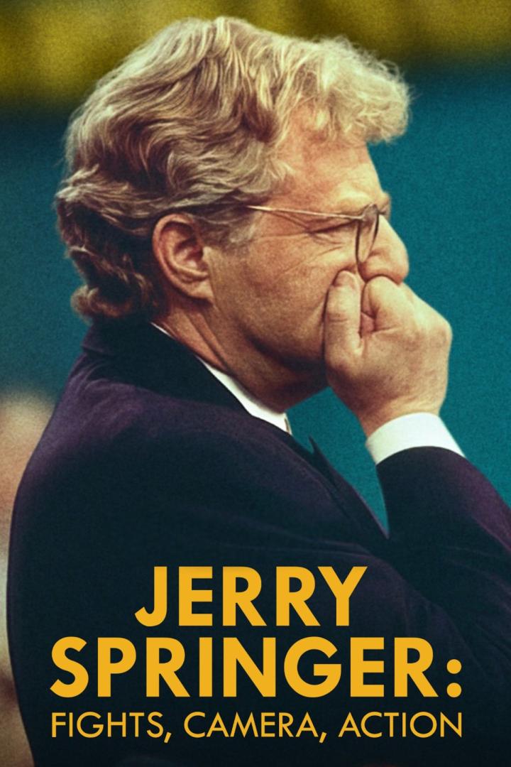 Das Filmplakat für „Jerry Springer: Fights, Camera, Action“ zeigt Jerry Springer nachdenklich.