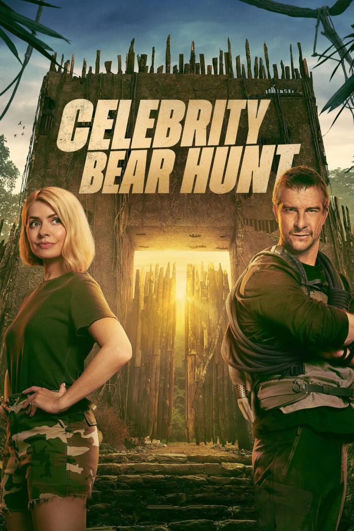 Das Filmplakat für „Celebrity Bear Hunt“ zeigt Holly Willoughby und Bear Grylls vor einem Dschungelhintergrund.