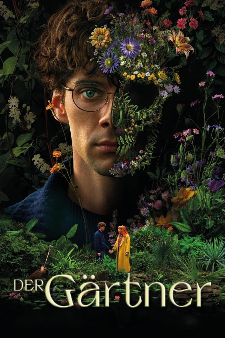 Das Filmplakat für „Der Gärtner“ zeigt einen Mann, dessen Gesicht teilweise mit Blumen bedeckt ist.