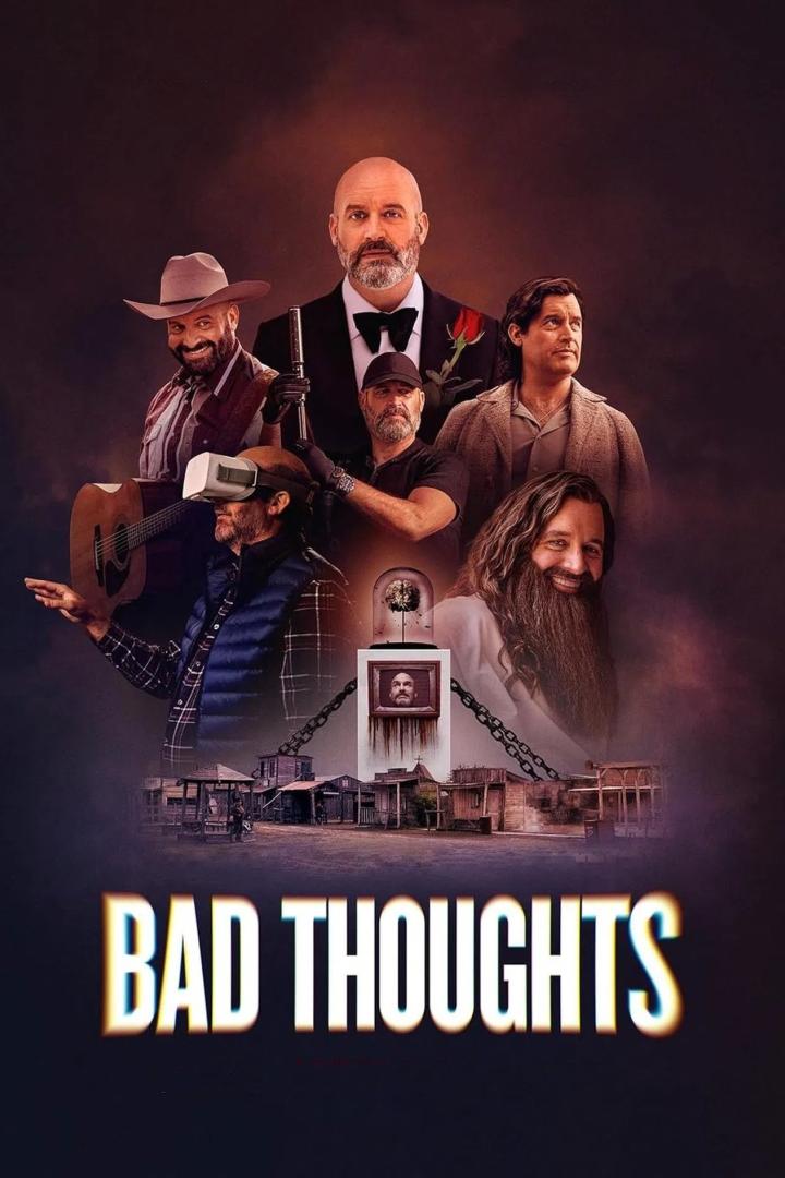 Das Filmplakat für „Bad Thoughts“ zeigt mehrere Männer in verschiedenen Rollen vor einer Westernstadt.