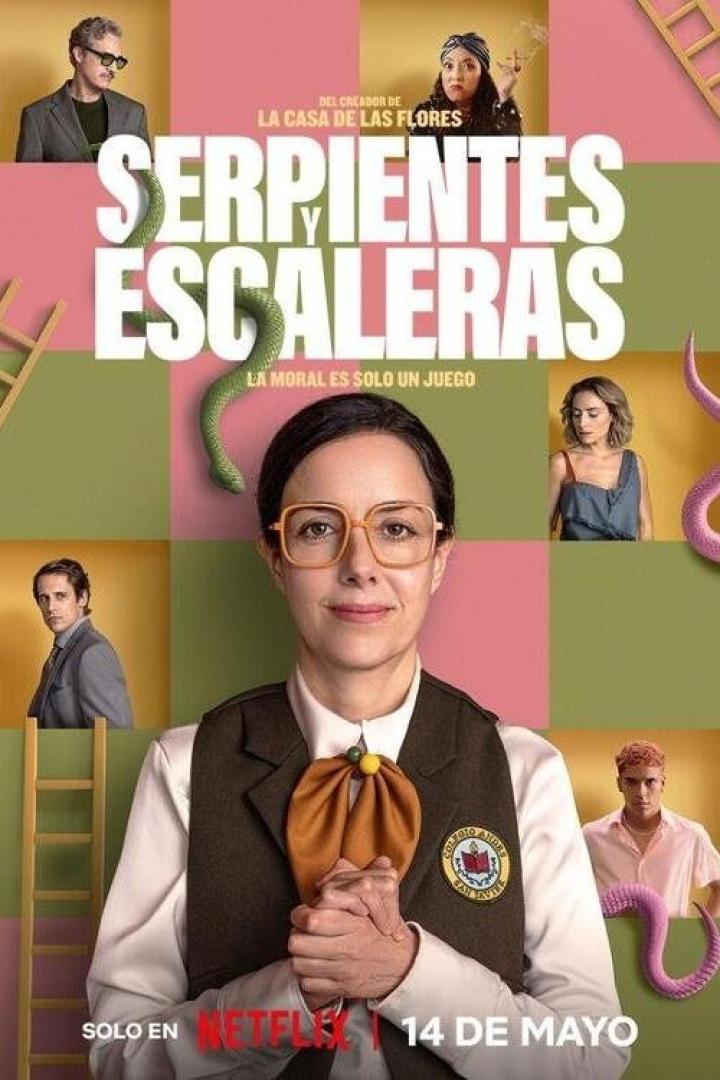 Das Poster für „Serpientes y Escaleras“ zeigt eine Frau mit Brille im Schuluniform-Stil.