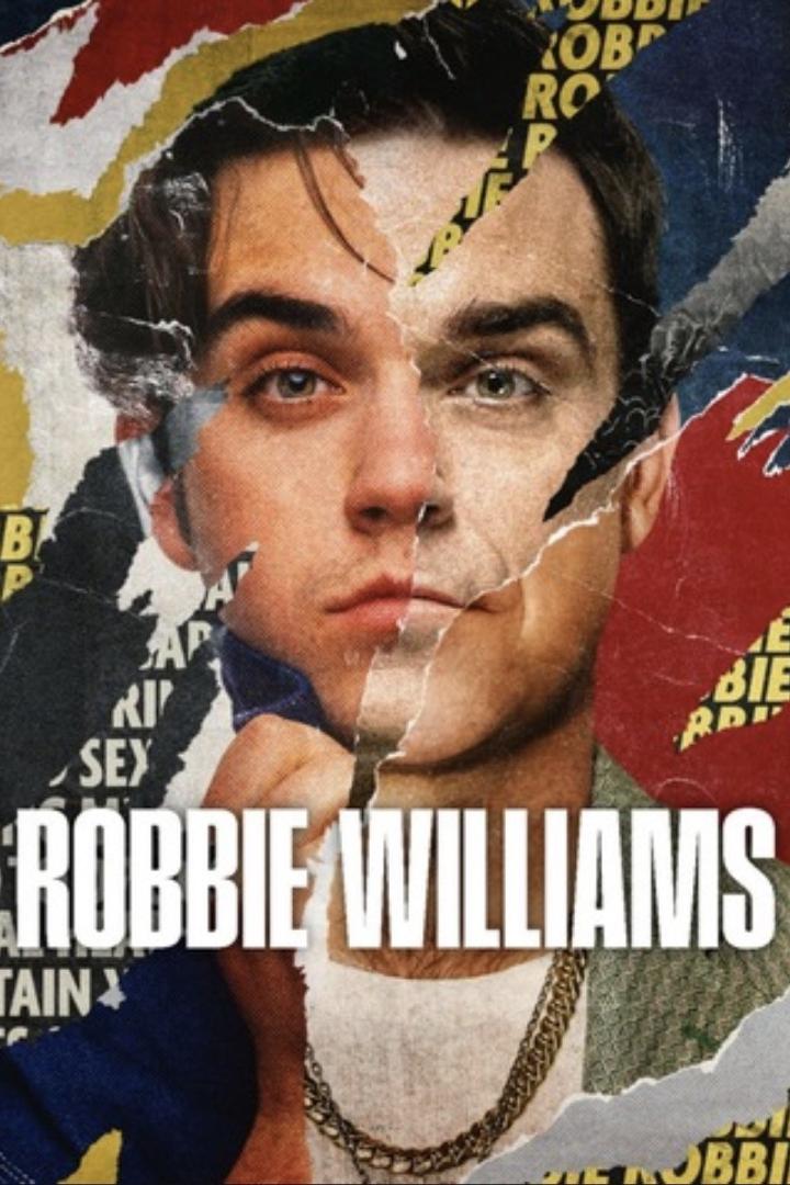 Ein zerrissenes Poster mit dem Gesicht von Robbie Williams.