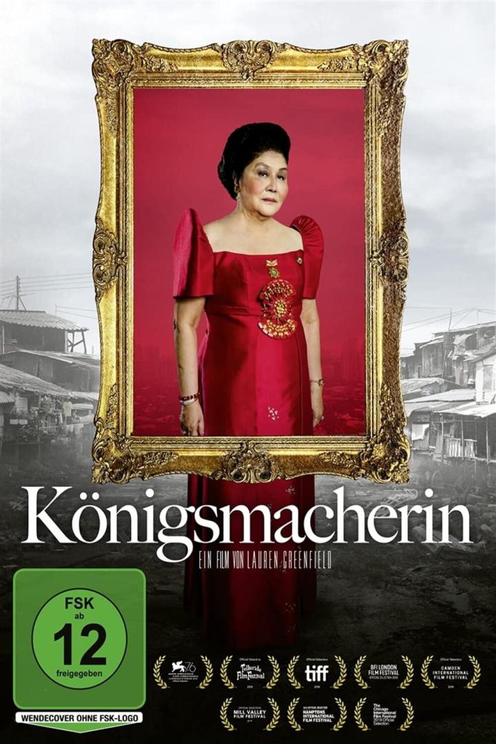 Das Filmplakat für „Königsmacherin“ zeigt ein Porträt von Imelda Marcos in einem goldenen Rahmen.
