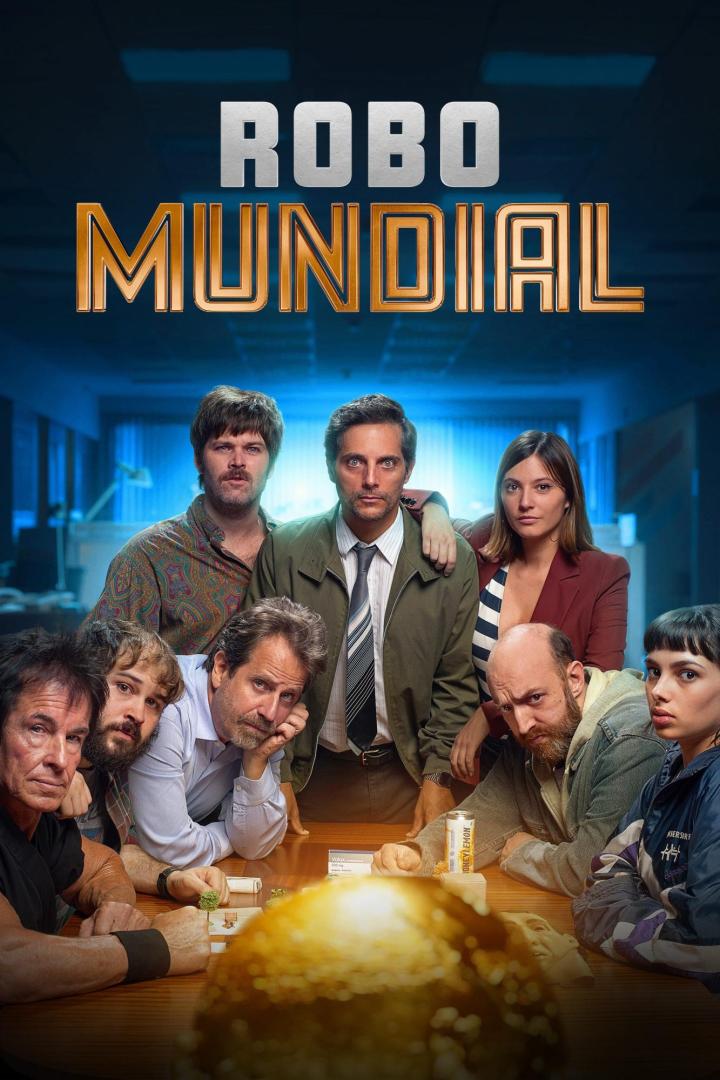 Das Filmplakat für „Robo Mundial“ zeigt eine Gruppe von Personen um einen Tisch.
