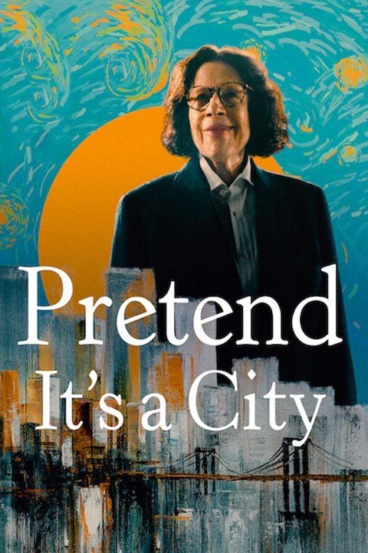 Das Poster für „Pretend It's a City“ zeigt Fran Lebowitz vor einem stilisierten Stadtbild.