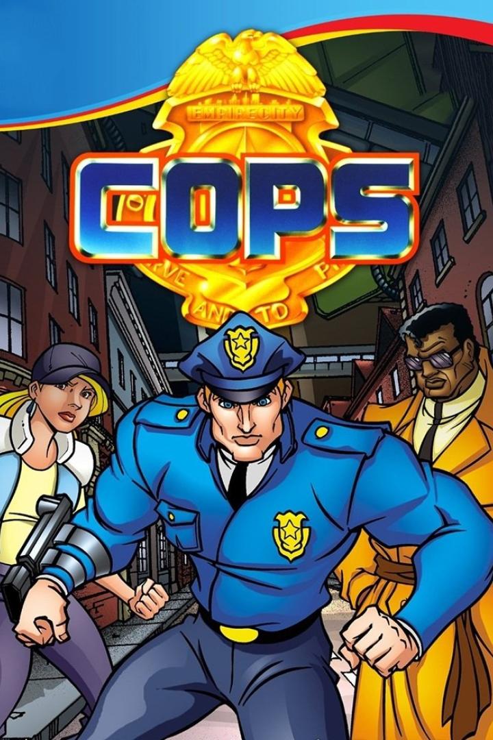 Das Cover der Zeichentrickserie „C.O.P.S.“ zeigt drei Polizisten in Empire City.