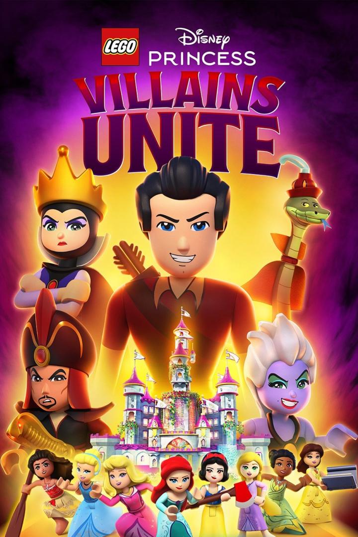 Das LEGO Disney Princess-Plakat „Villains Unite“ zeigt animierte Bösewichte und Prinzessinnen vor einem Schloss.