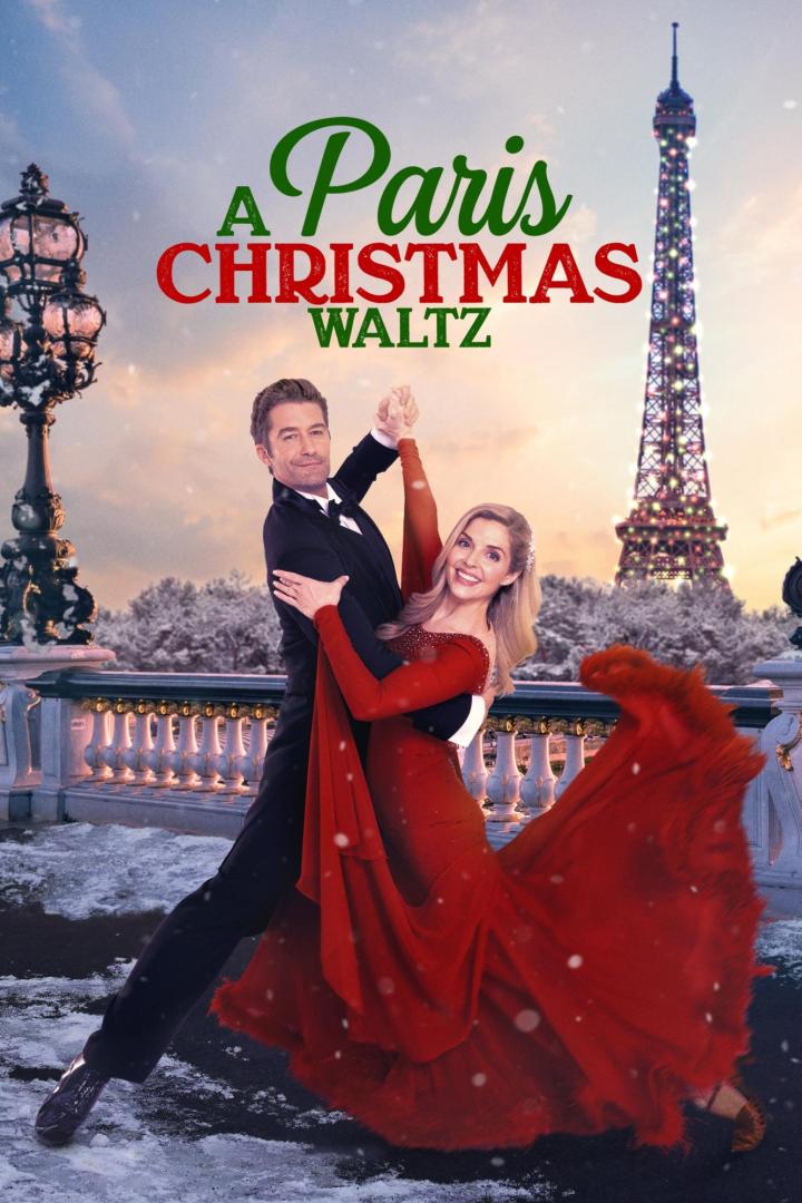 Ein Paar tanzt vor dem Eiffelturm im Filmplakat zu „A Paris Christmas Waltz“.