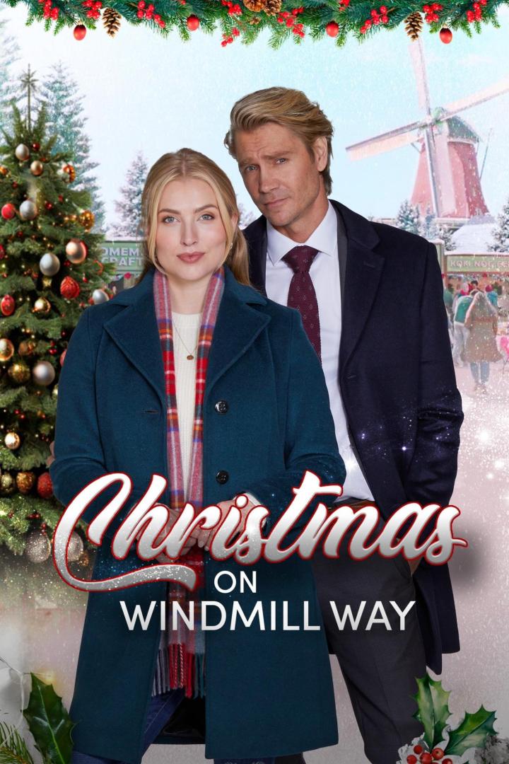 Das Filmplakat für „Christmas on Windmill Way“ zeigt ein Paar vor einer Windmühle und einem Weihnachtsbaum.