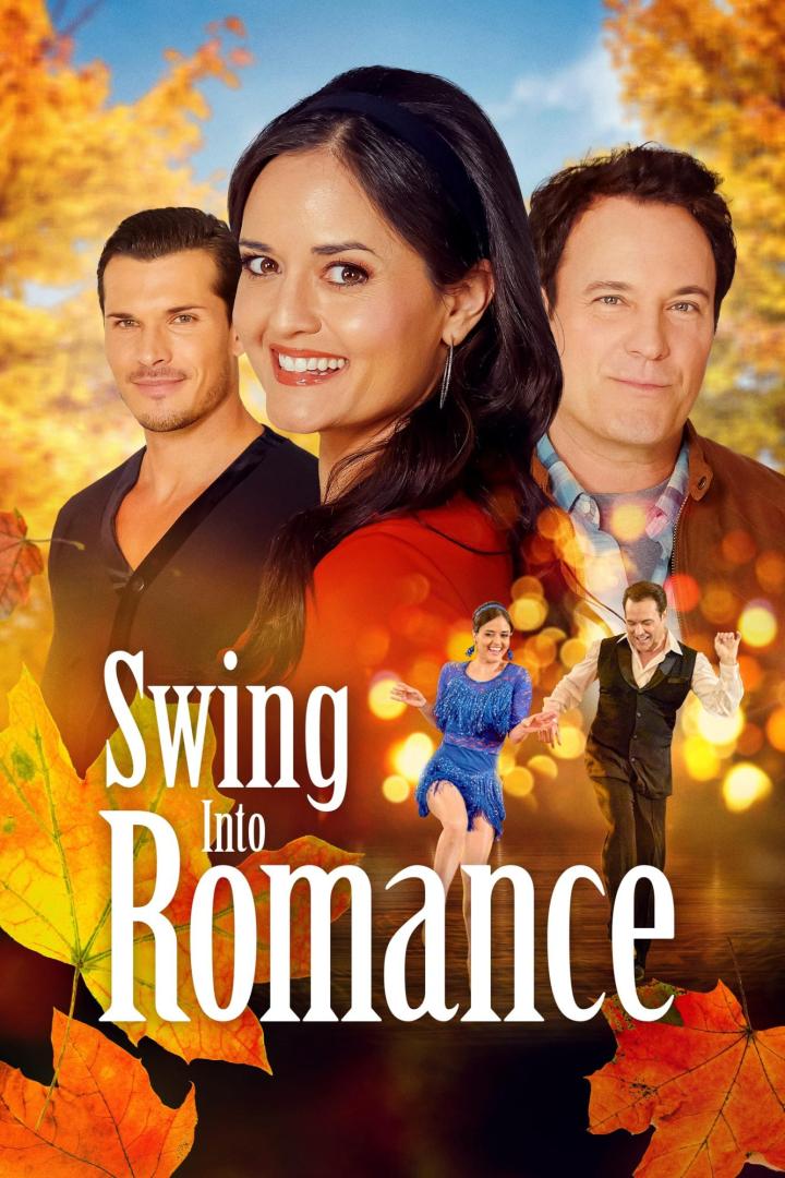 Das Filmplakat für „Swing Into Romance“ zeigt drei Schauspieler und zwei tanzende Figuren vor herbstlichem Hintergrund.