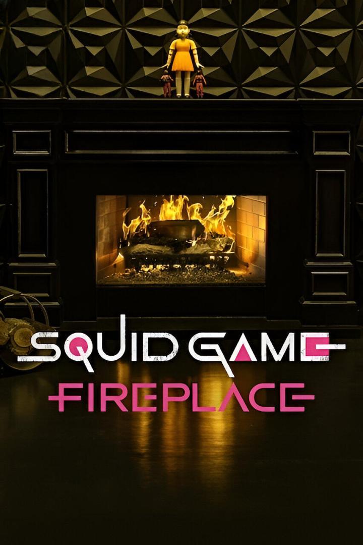 Ein Kamin mit dem Schriftzug „Squid Game Fireplace“ und einer Puppe aus der Serie oben drauf.
