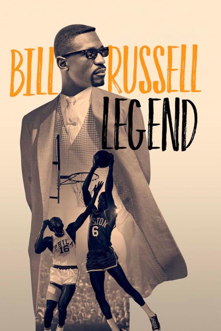 Ein Porträt von Bill Russell, kombiniert mit einer Szene von Basketballspielern.
