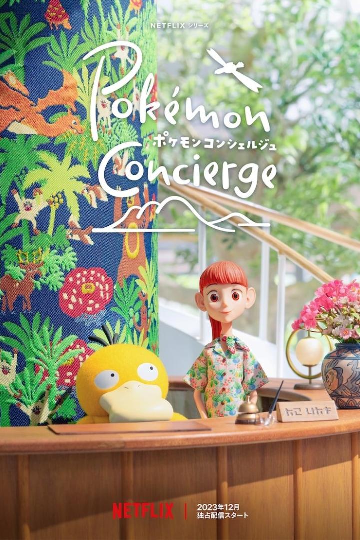 Szene aus der Netflix-Serie „Pokémon Concierge“ mit Enton und einer Concierge an einem Schalter.