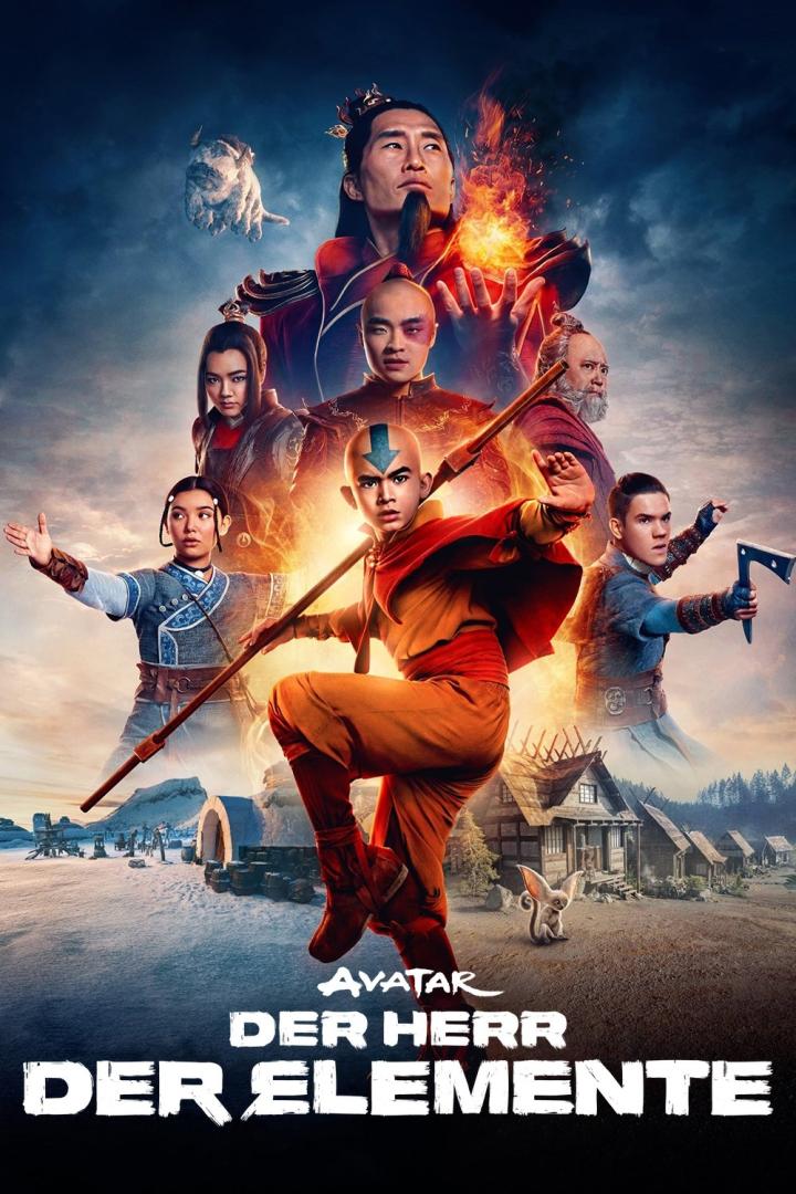 Das Filmplakat für „Avatar: Der Herr der Elemente“ zeigt Aang und andere Charaktere.