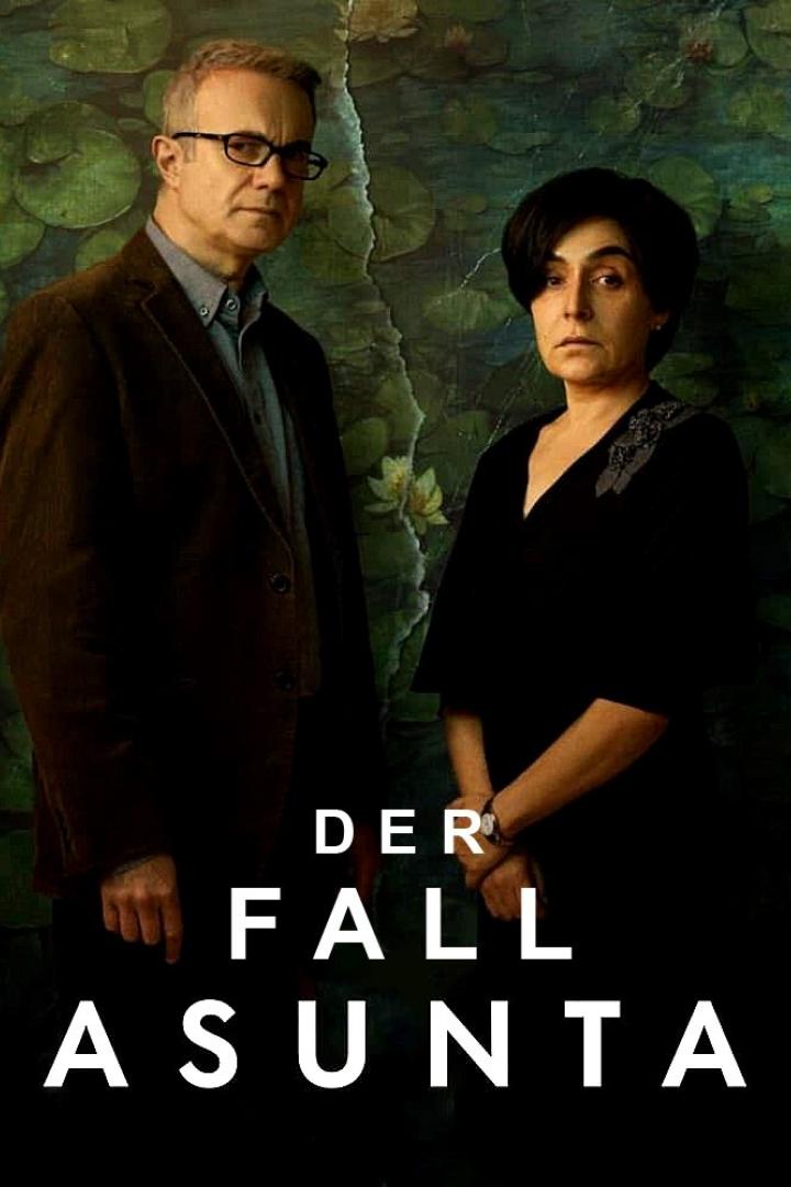 Ein Mann und eine Frau vor einem gemalten Hintergrund, Plakat für „Der Fall Asunta“.