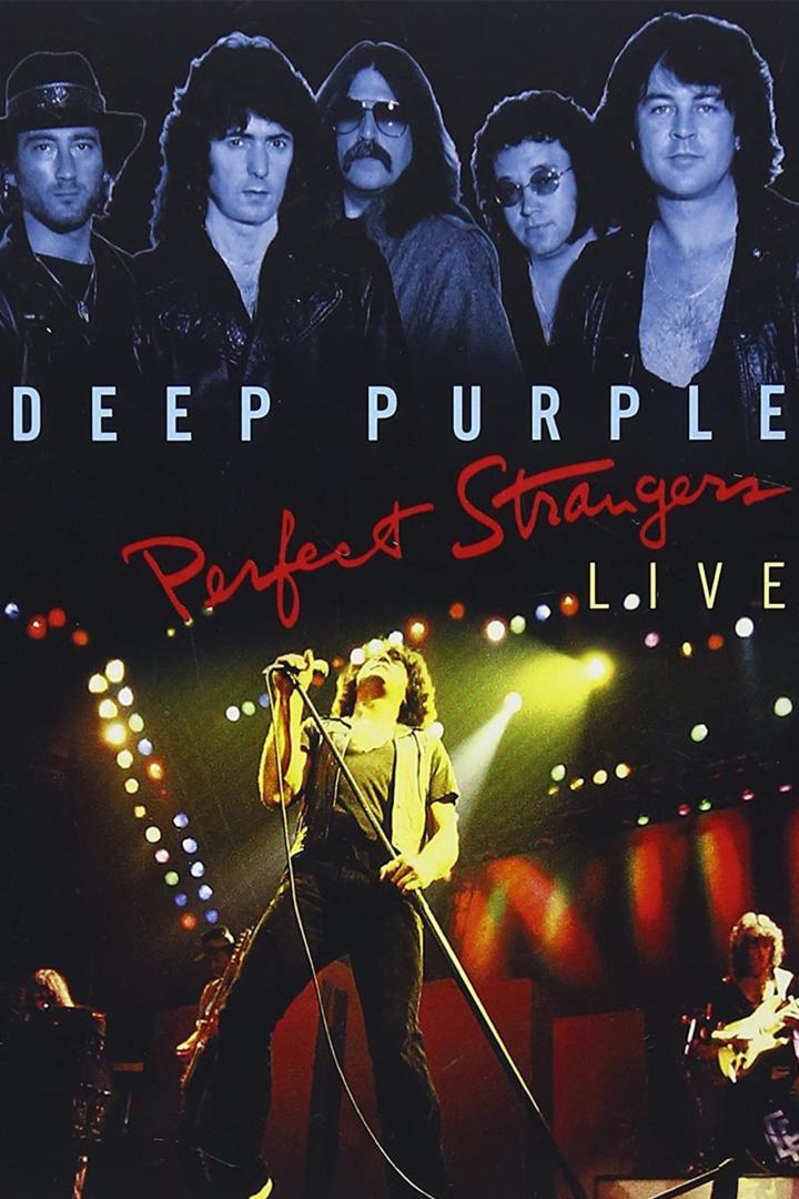 Das Cover des Live-Albums „Perfect Strangers“ von Deep Purple zeigt die Band auf der Bühne.
