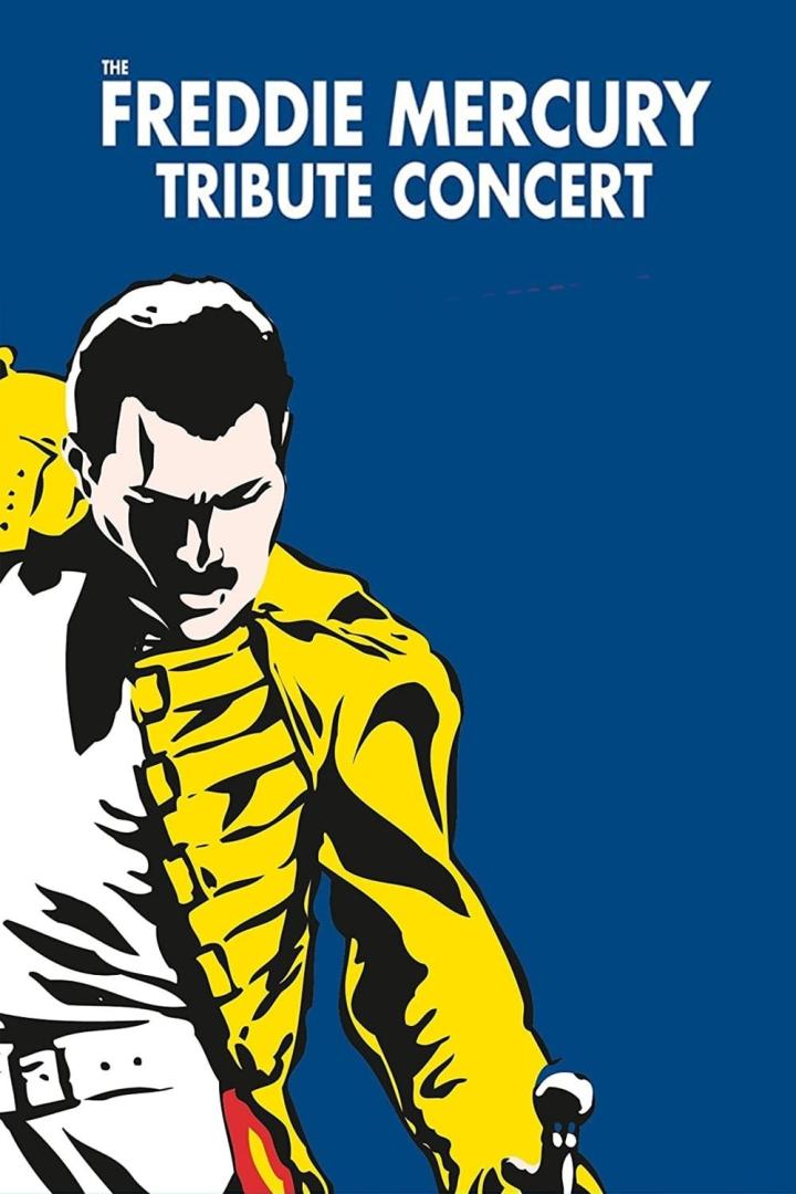Illustration von Freddie Mercury vor dem Hintergrund des „Freddie Mercury Tribute Concert“.