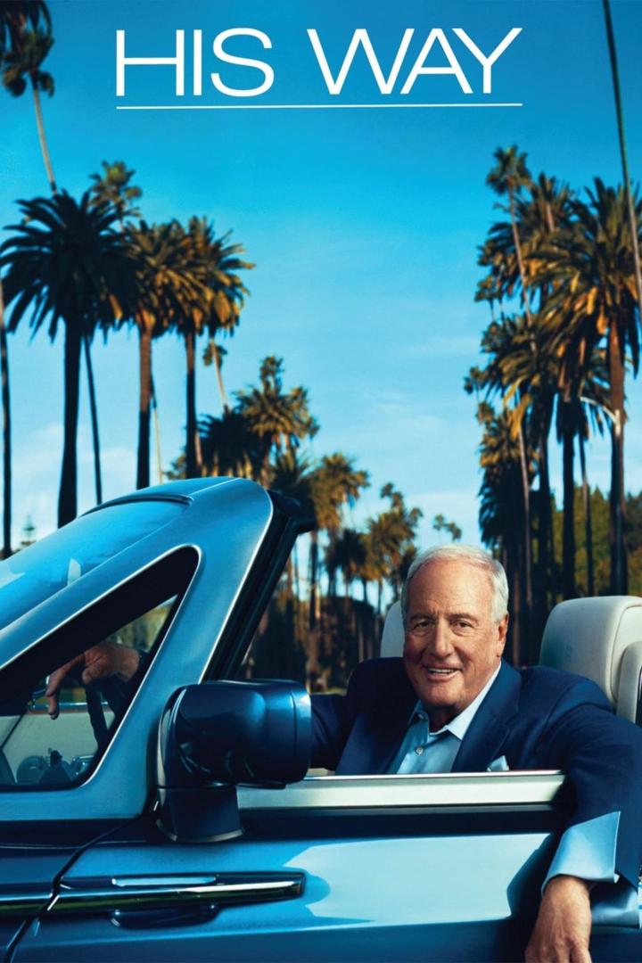 Ein Mann fährt in einem blauen Cabriolet auf einer Straße mit Palmen im Hintergrund.