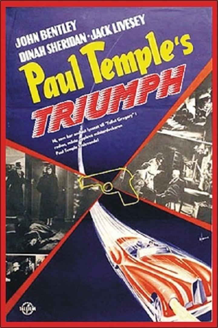 Das Filmplakat für „Paul Temple’s Triumph“ zeigt einen roten Sportwagen und Krimiszenen.