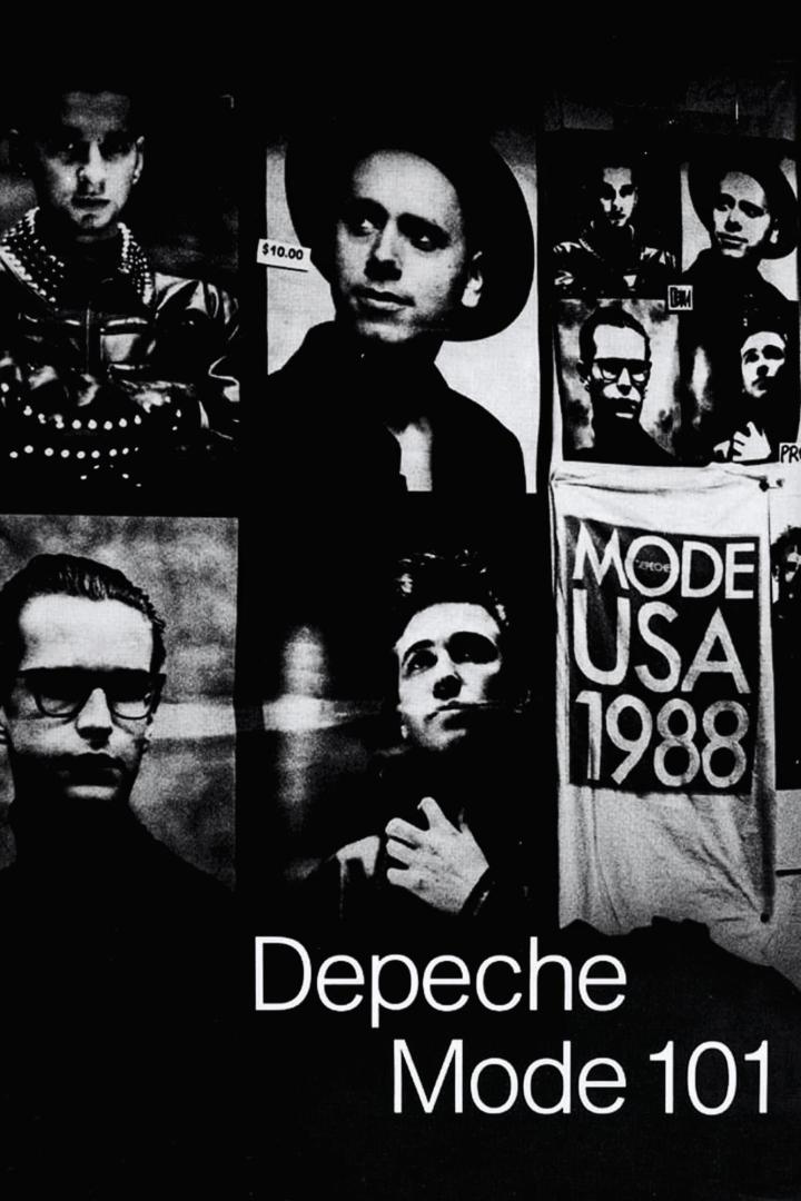 Schwarz-Weiß-Collage mit Fotos der Band Depeche Mode und dem Schriftzug „Depeche Mode 101“.