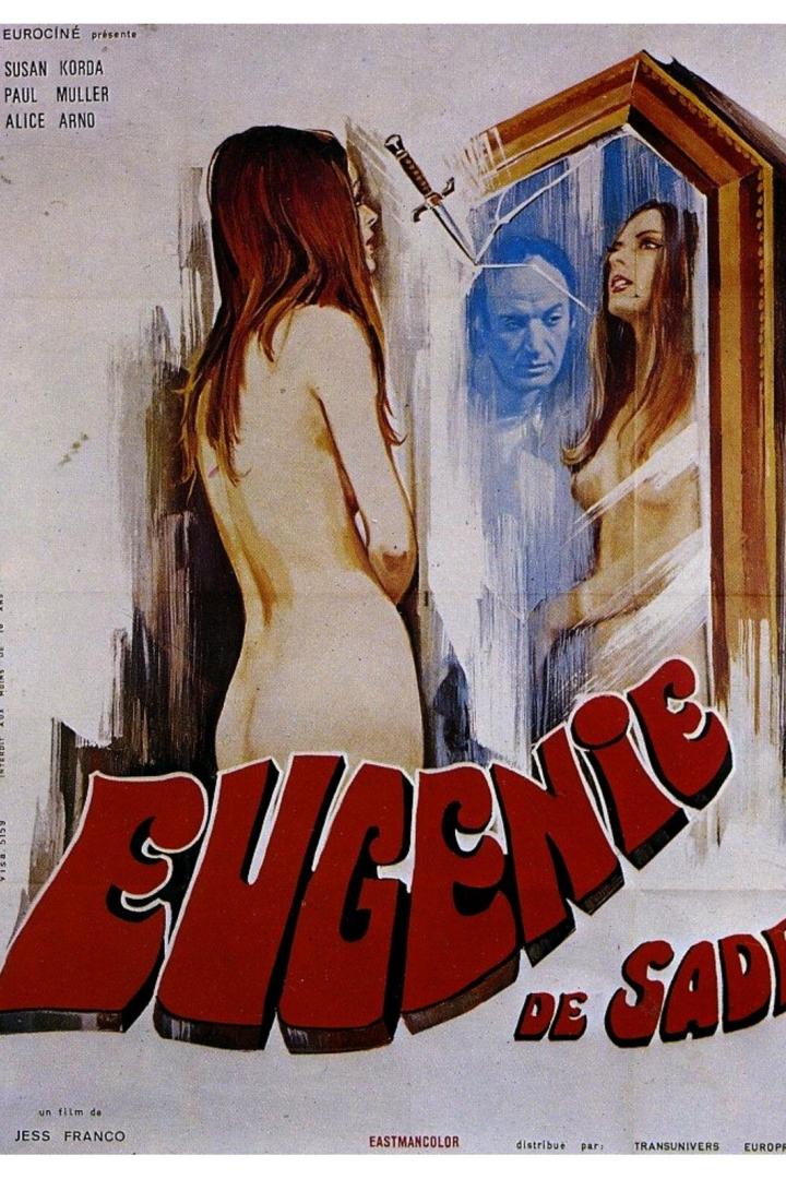 Das Filmplakat für „Eugenie de Sade“ zeigt eine Frau vor einem Spiegel, der einen Mann und ein Messer zeigt.