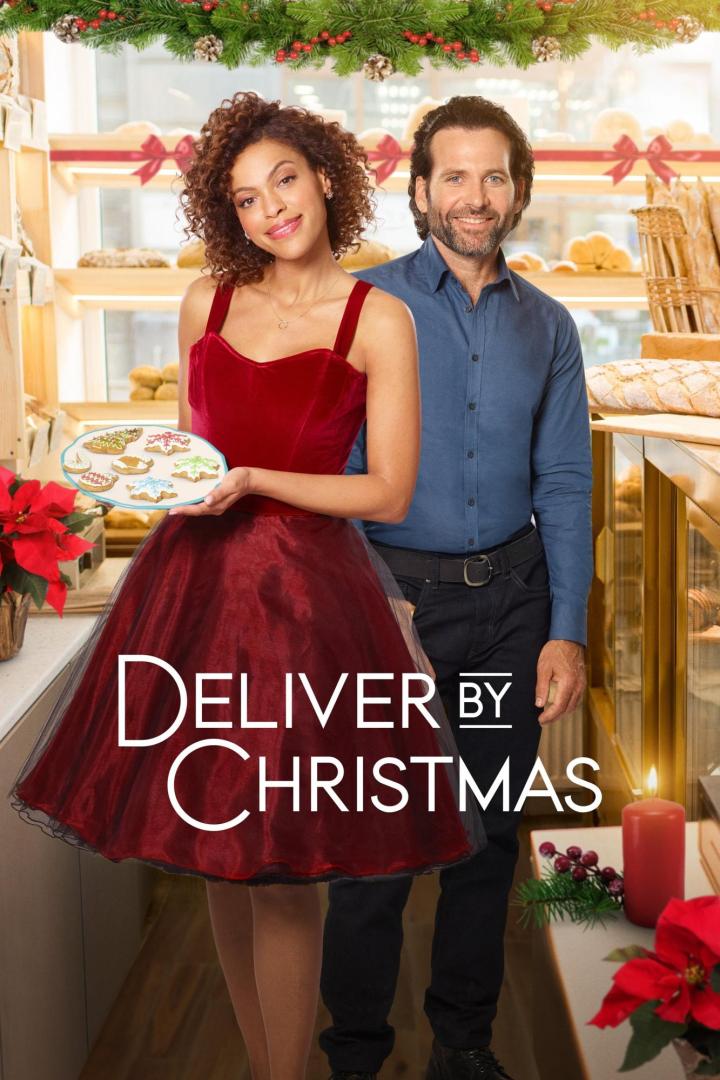 Das Filmplakat für „Deliver by Christmas“ zeigt eine Frau mit Keksen und einen Mann in einer Bäckerei.