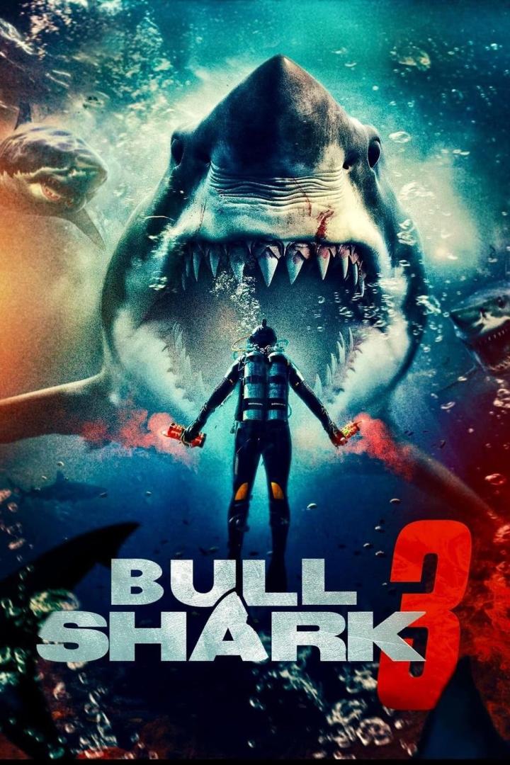 Ein Taucher steht vor einem riesigen Bullenhai im Filmplakat von „Bull Shark 3“.