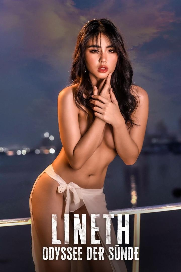 Eine Frau posiert vor dem Hintergrund einer nächtlichen Stadt für den Film „Lineth: Odyssee der Sünde“.