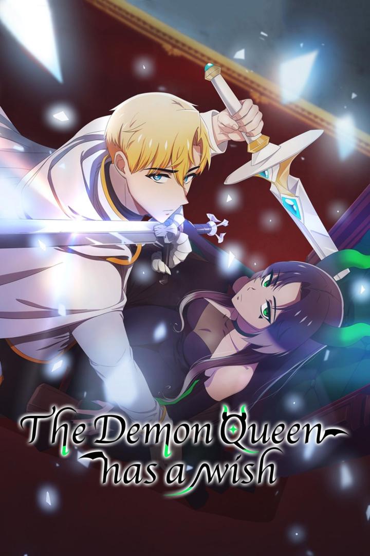 Ein Ritter bedroht eine Dämonenkönigin mit einem Schwert, Titel: „The Demon Queen has a wish“.