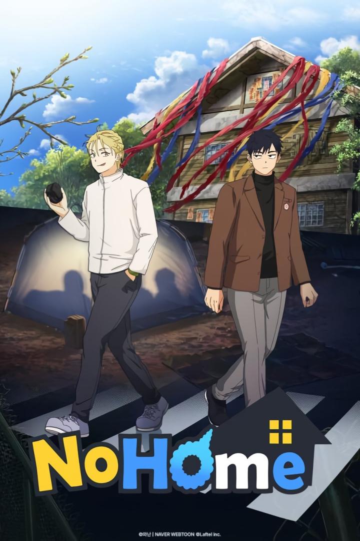 Zwei animierte Figuren stehen vor einem Haus, das mit bunten Bändern geschmückt ist.