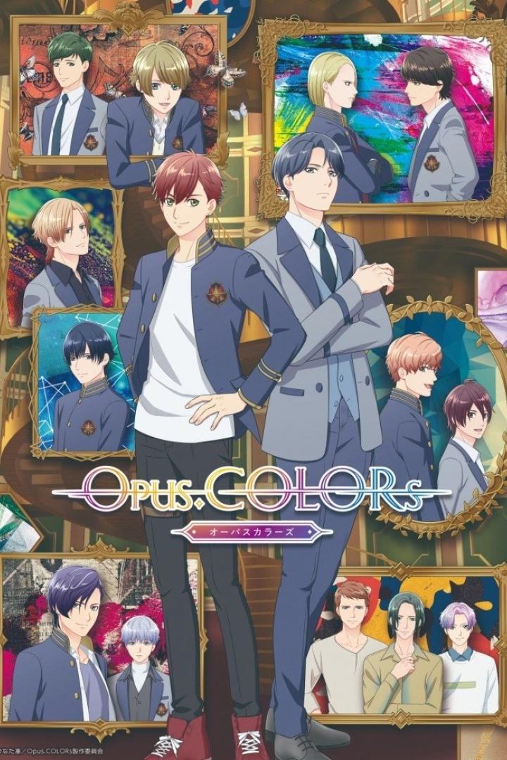 Das Anime-Poster für „Opus.Colors“ zeigt mehrere junge Männer in verschiedenen Porträts.