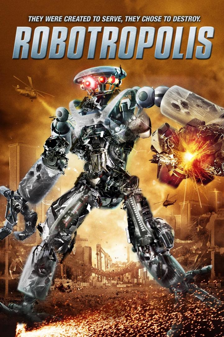Ein großer Roboter steht vor einer zerstörten Stadt, wie auf einem Filmplakat von „Robotropolis“.