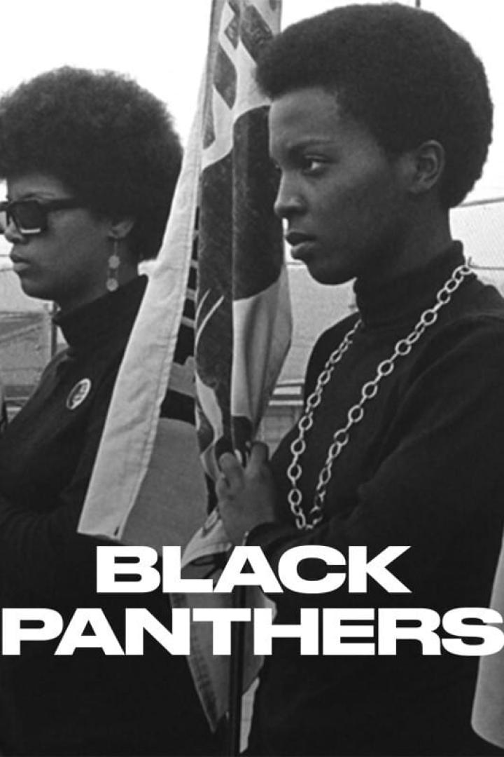 Zwei Mitglieder der Black Panther Party stehen mit einer Flagge im Hintergrund.