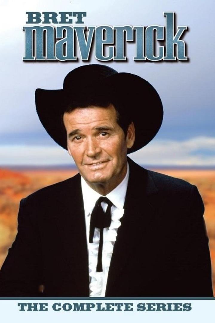 Ein Mann im Cowboyhut und Anzug vor einer Wüstenlandschaft, bewirbt die Serie „Bret Maverick“.