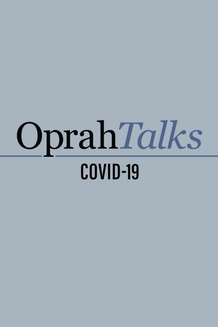 Das Logo von „Oprah Talks COVID-19“ auf hellblauem Hintergrund.