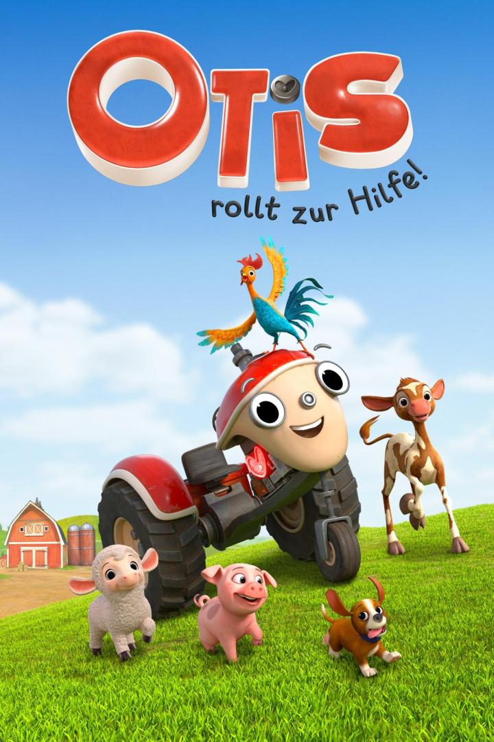 Das Poster für „Otis rollt zur Hilfe!“ zeigt Otis, den Traktor, mit seinen Tierfreunden auf einer Wiese.