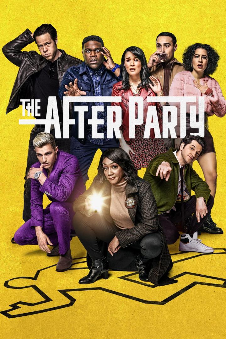 Das Ensemble der Serie „The Afterparty“ posiert vor einem gelben Hintergrund mit einer Umrisszeichnung einer Leiche.