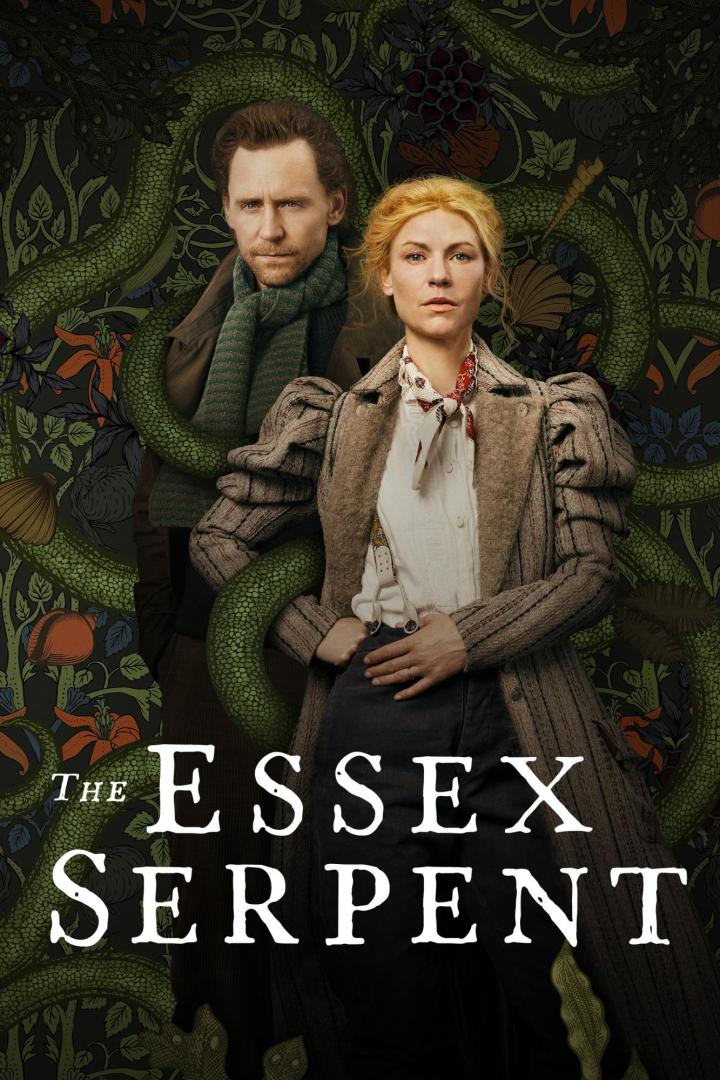Das Filmplakat zu „The Essex Serpent“ zeigt Claire Danes und Tom Hiddleston vor einem floralen Hintergrund mit einer Schlange.