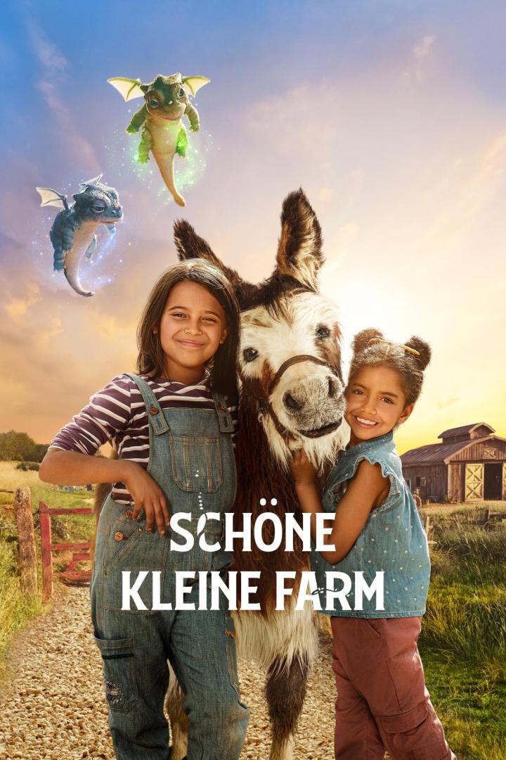 Zwei Mädchen stehen mit einem Esel und zwei kleinen Drachen vor einer Scheune auf der „Schöne Kleine Farm“.