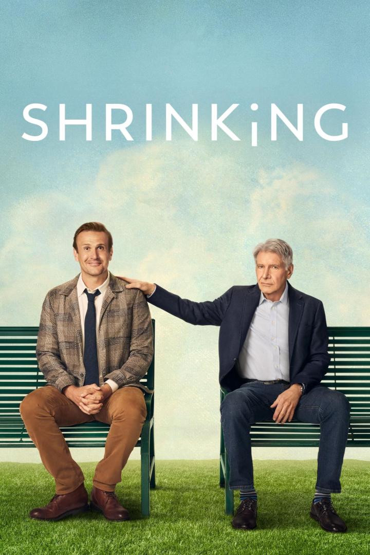 Das Filmplakat zu „Shrinking“ zeigt Jason Segel und Harrison Ford auf einer Parkbank.