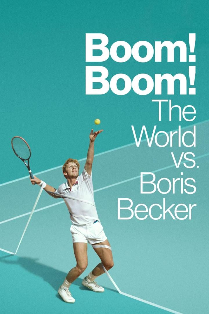 Ein Plakat für „Boom! Boom! The World vs. Boris Becker“ zeigt Boris Becker beim Tennisaufschlag.