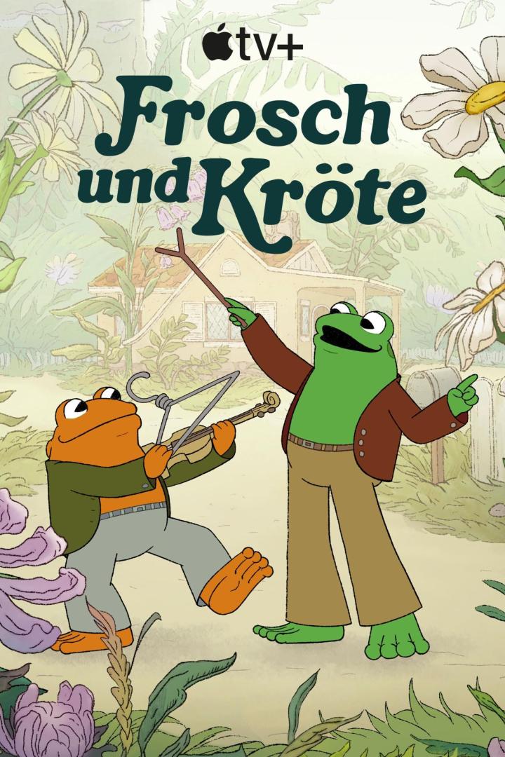 Das Titelbild der Apple TV+ Serie „Frosch und Kröte“ zeigt die beiden Hauptfiguren in einer Gartenlandschaft.