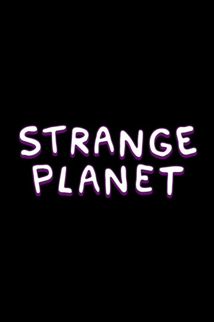 Der Titel „Strange Planet“ in weißer Schrift mit lila Schatten auf schwarzem Hintergrund.