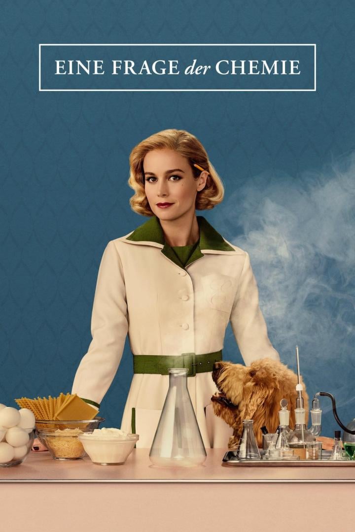 Das Filmplakat zu „Eine Frage der Chemie“ zeigt Brie Larson mit einem Hund und Laborutensilien.