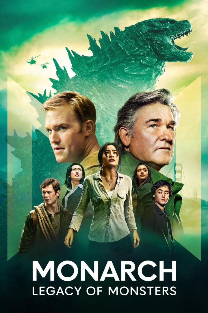 Das Filmplakat für „Monarch: Legacy of Monsters“ zeigt Godzilla und die Besetzung vor einem grünen Hintergrund.