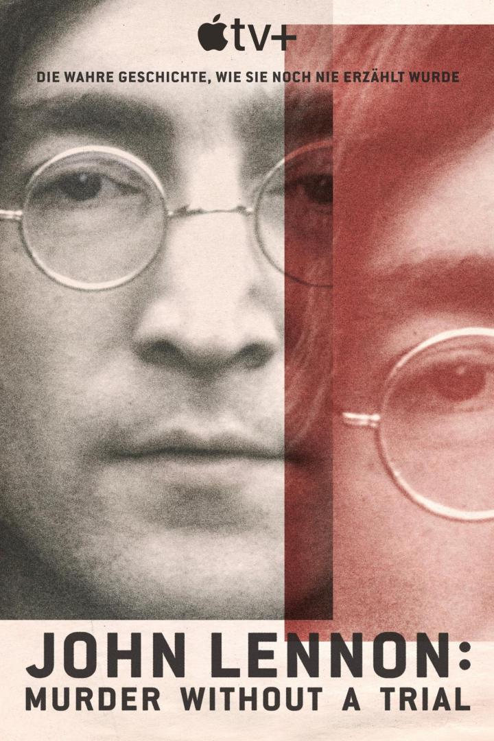 Das Poster für „John Lennon: Murder Without a Trial“ auf Apple TV+ zeigt ein Gesicht in zwei Farbtönen.