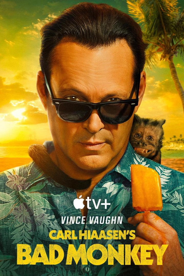 Vince Vaughn mit Sonnenbrille, einem Affen auf der Schulter und einem Eis am Stiel vor einem tropischen Hintergrund.